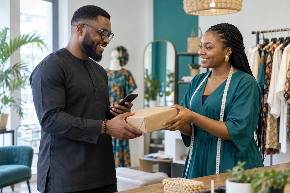 A Nigerian customer receiving a packaged order from a small-business seller